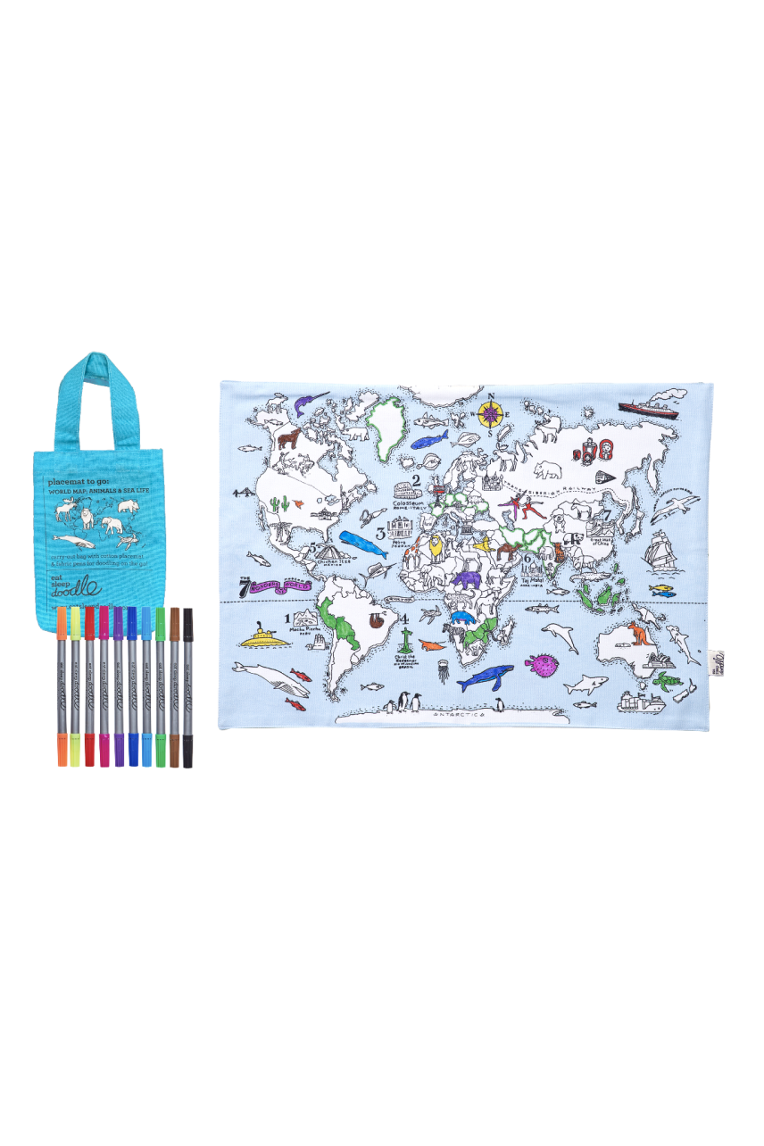 Taaskasutatav Värvi ja Õpi seinapilt/laudlina Maailm, loomad ja meri
